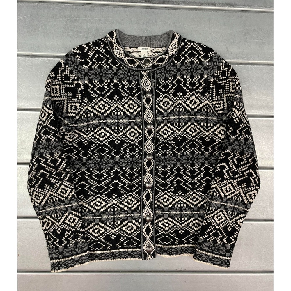 LL Bean Fair Isle Cardigan Sweater Womens Small Black Grey 100% Lambs Wool